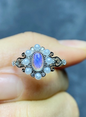 纯天然月光石拉长石戒指活扣可调节蓝光灰月光百搭韩版学生礼物