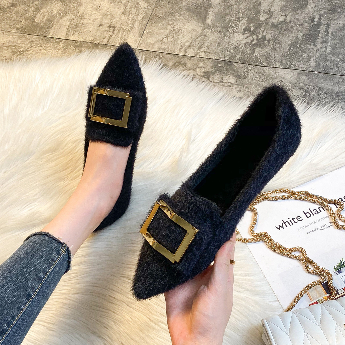 尖头毛毛鞋女秋冬外穿平底加绒豆豆鞋水貂毛棉瓢鞋大码女鞋41到43,淘宝优惠券,粉丝福利购,淘宝优惠卷