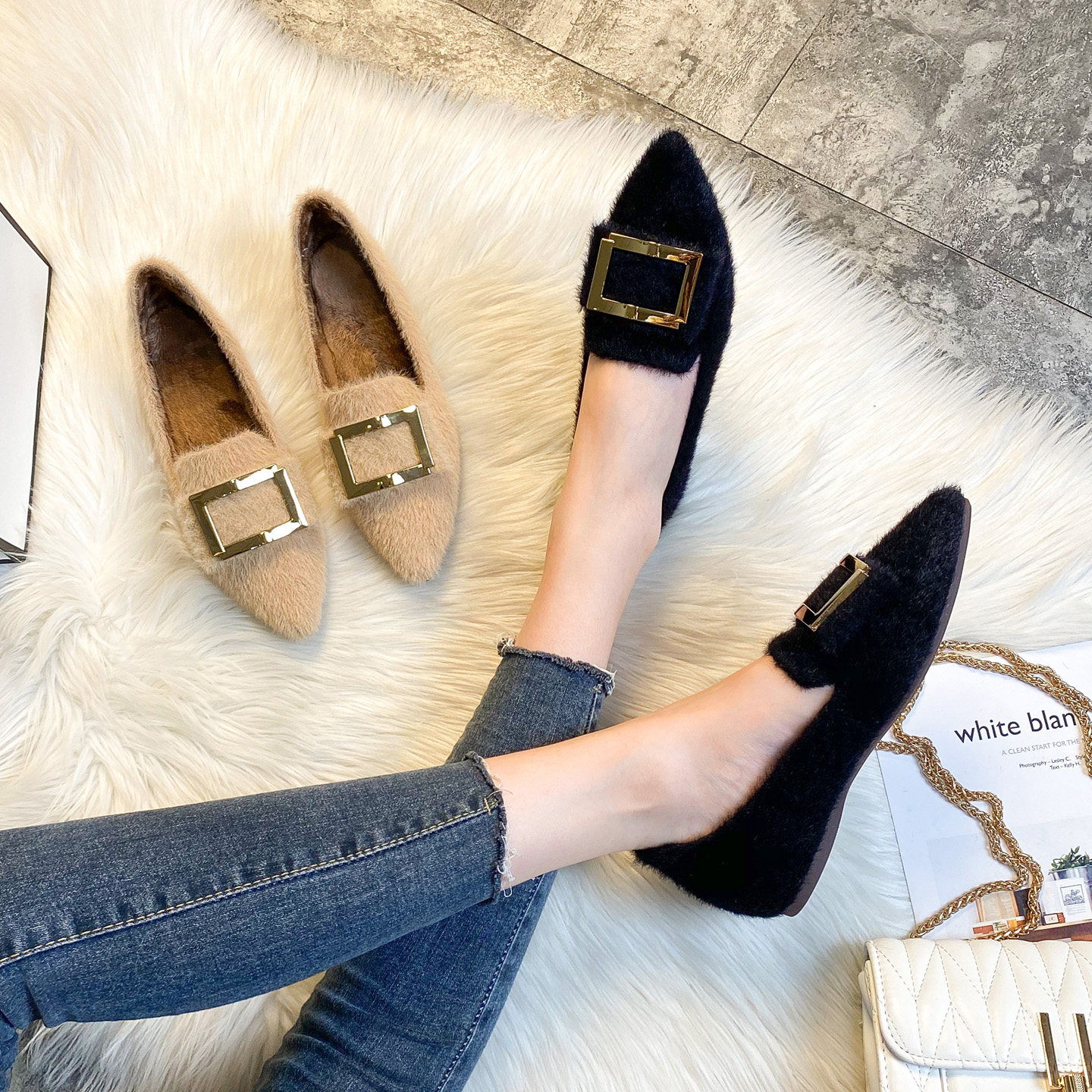 尖头毛毛鞋女秋冬外穿平底加绒豆豆鞋水貂毛棉瓢鞋大码女鞋41到43,淘宝优惠券,粉丝福利购,淘宝优惠卷