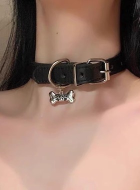 粉色chocker骨头黑色项圈女男颈带牵引绳脖子配饰颈链情侣锁骨链