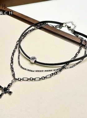 十字架皮革项圈多层choker项链