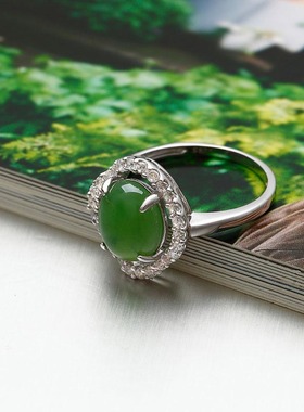 梦克拉S925银镶和田碧玉戒指 浪漫佳人