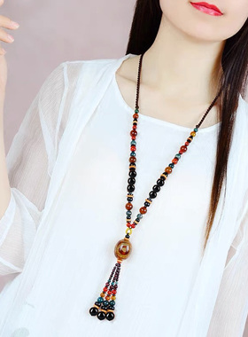 复古风禅意毛衣链女民族风藏式天珠项链高档吊坠颈链秋冬新款挂饰