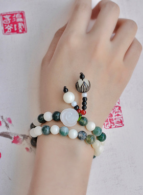 水草玛瑙白玉菩提水晶手链女国风