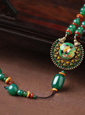 民族风长款项链女古典旗袍毛衣链吊坠绿色复古风百搭秋冬配饰品