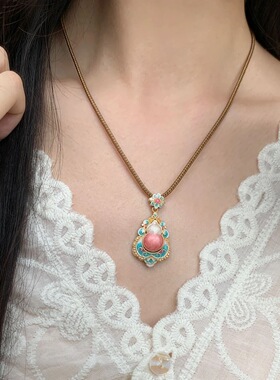 描金禄青云粉白葫芦项链珐琅新中式复古戒指套装套链吊坠女手镯款