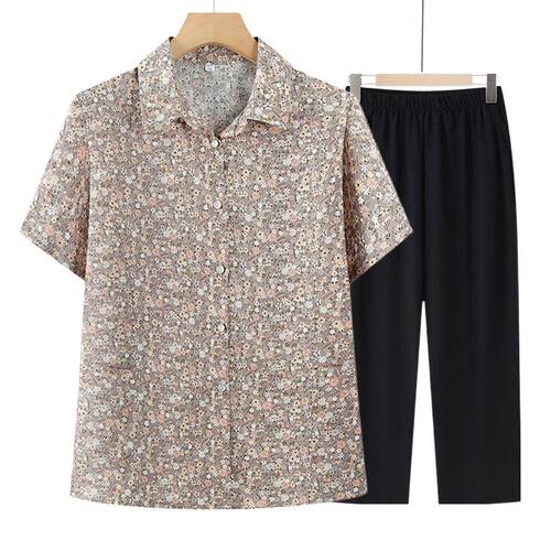 奶奶夏装纯棉短袖衬衫中老年人女翻领妈妈夏季衣服老太太全棉衬衣 - 图0