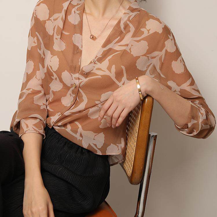 高端印花真丝乔其纱衬衫女长袖2025春夏款V领气质薄款桑蚕丝上衣