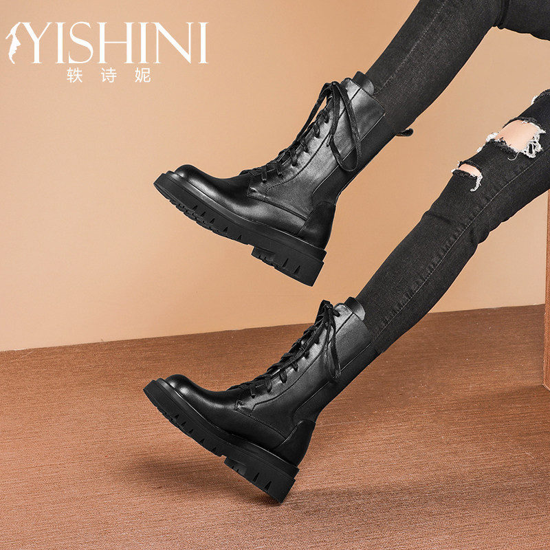 新款真皮平底马丁靴女松糕厚底女靴绿色圆头骑士靴系带中筒靴短靴,淘宝优惠券,粉丝福利购,淘宝优惠卷