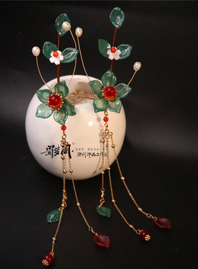 原创草莓晶琉璃花发簪步摇东陵玉