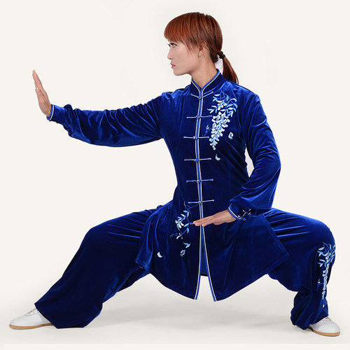 太极拳服装金丝绒刺绣太极服秋冬季不倒绒南韩绒练功服长款女定做 - 图0