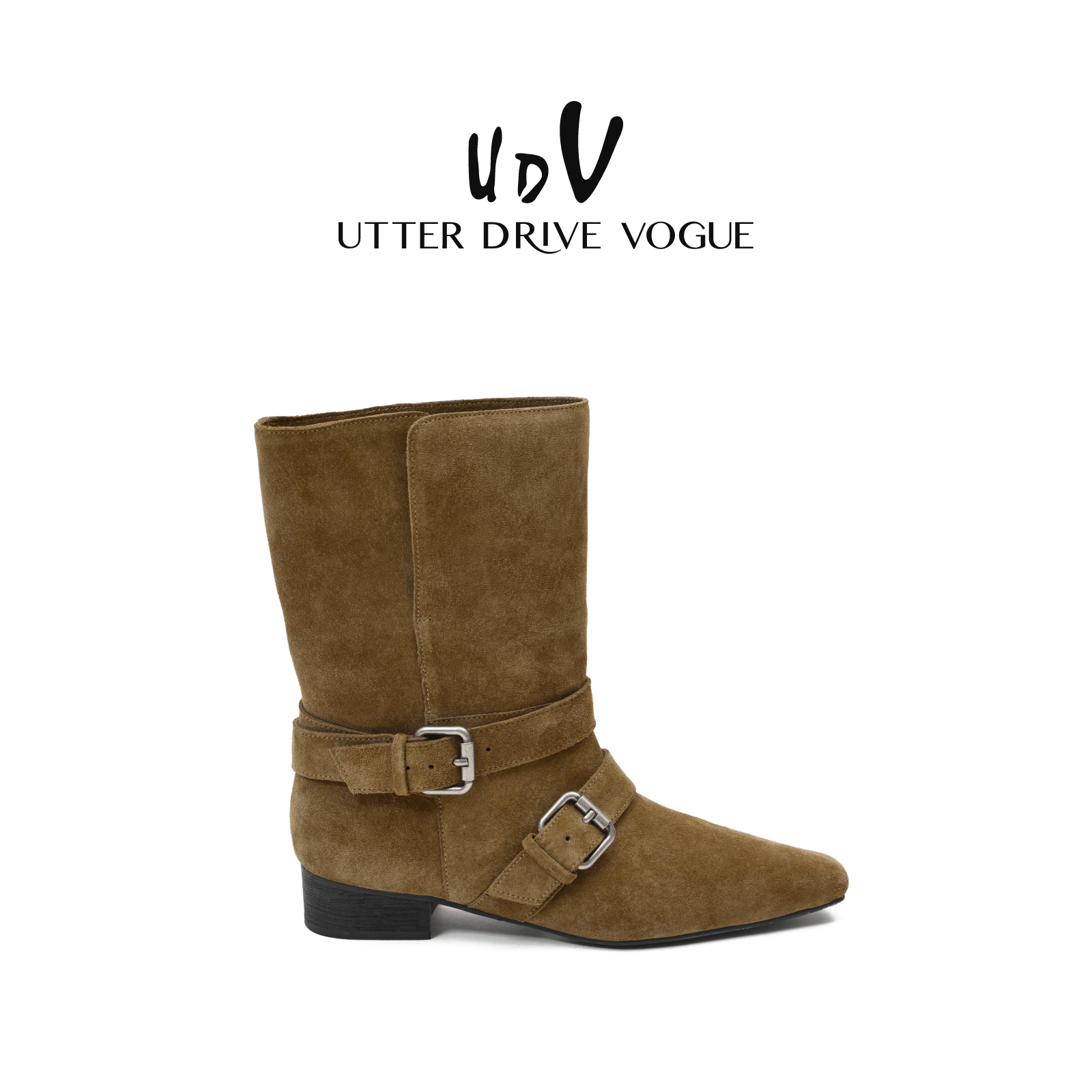 UDV真皮尖头高跟短靴女2025秋季新款裤管鞋子粗跟港风超火小短靴 - 图0