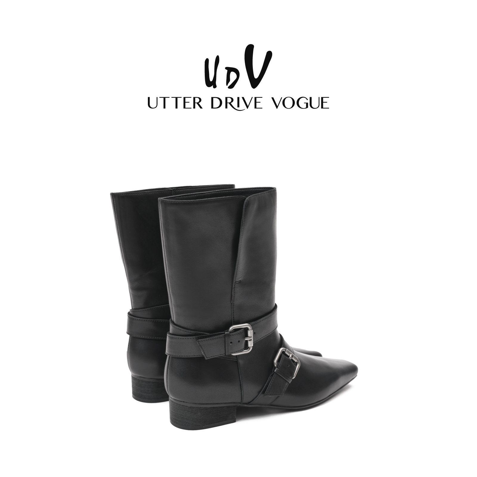 UDV真皮尖头高跟短靴女2025秋季新款裤管鞋子粗跟港风超火小短靴 - 图3