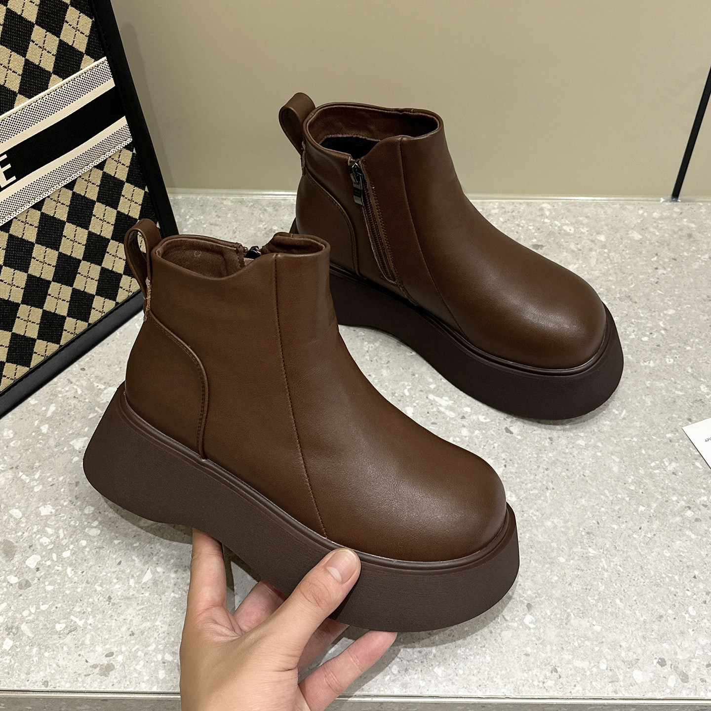 真皮切尔西马丁靴女2025新款秋冬加绒棉鞋厚底增高巨好看棕色短靴,淘宝优惠券,粉丝福利购,淘宝优惠卷