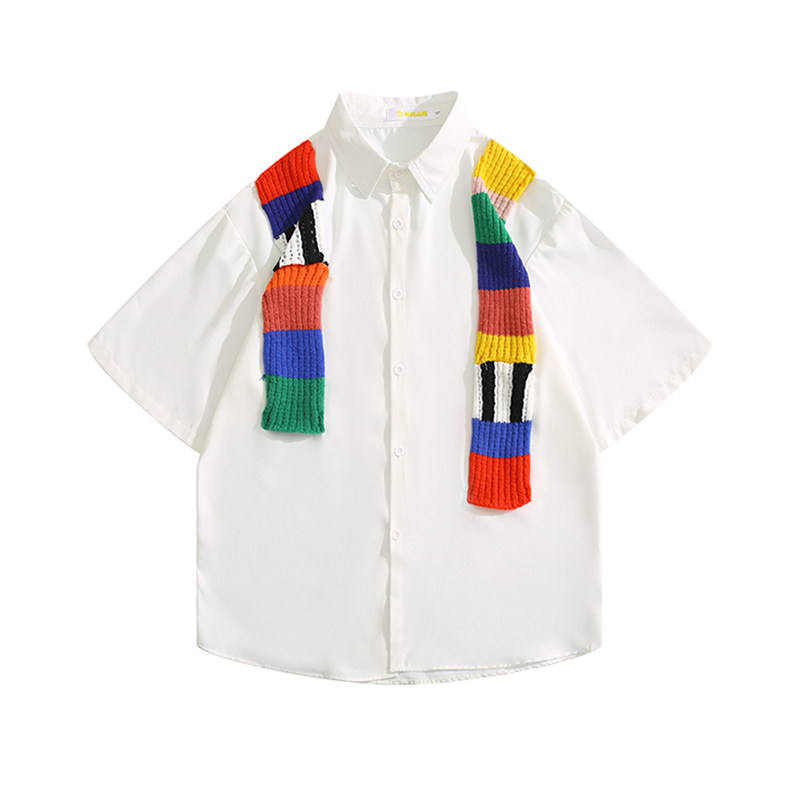 BOYUE帛跃创意设计感彩虹针织拼接纯色衬衫小众时尚高级感衬衣男,淘宝优惠券,粉丝福利购,淘宝优惠卷
