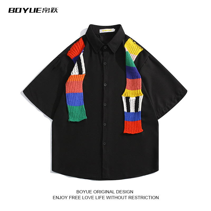 BOYUE帛跃创意设计感彩虹针织拼接纯色衬衫小众时尚高级感衬衣男,淘宝优惠券,粉丝福利购,淘宝优惠卷