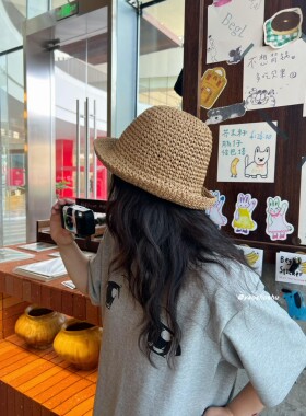 百搭休闲圆顶短檐草编渔夫帽盆帽