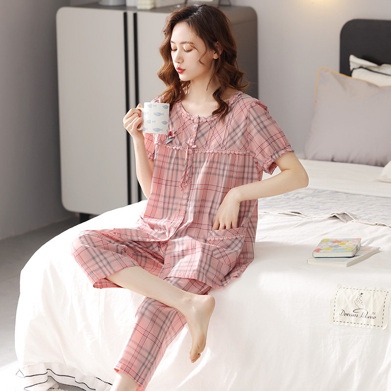 女士纯棉短袖七分裤中老年妈妈睡衣 蜜妮佳服饰睡衣/家居服套装