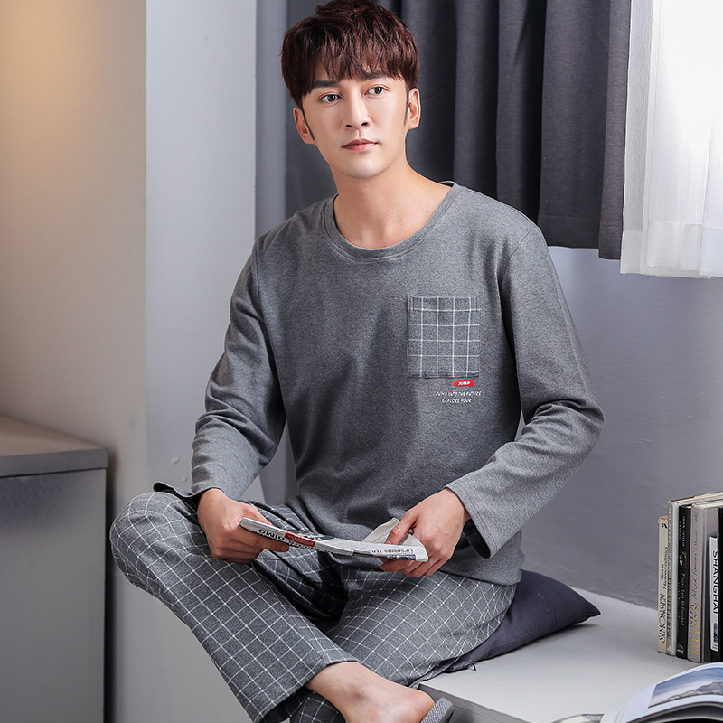 蜜妮佳服饰专营店男士睡衣长袖纯棉春秋季套头加大码全棉秋冬款青年男式家居服套装0