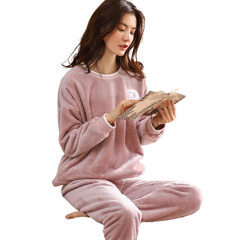 蜜妮佳服饰专营店珊瑚绒睡衣女秋冬加厚加绒套头圆领冬季大码法兰绒保暖家居服套装3