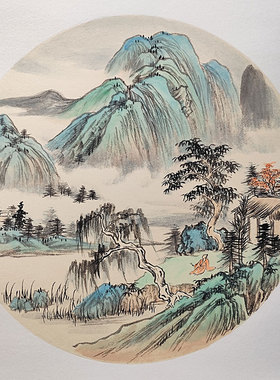 三尺斗方山水画国画纯手绘卡纸画