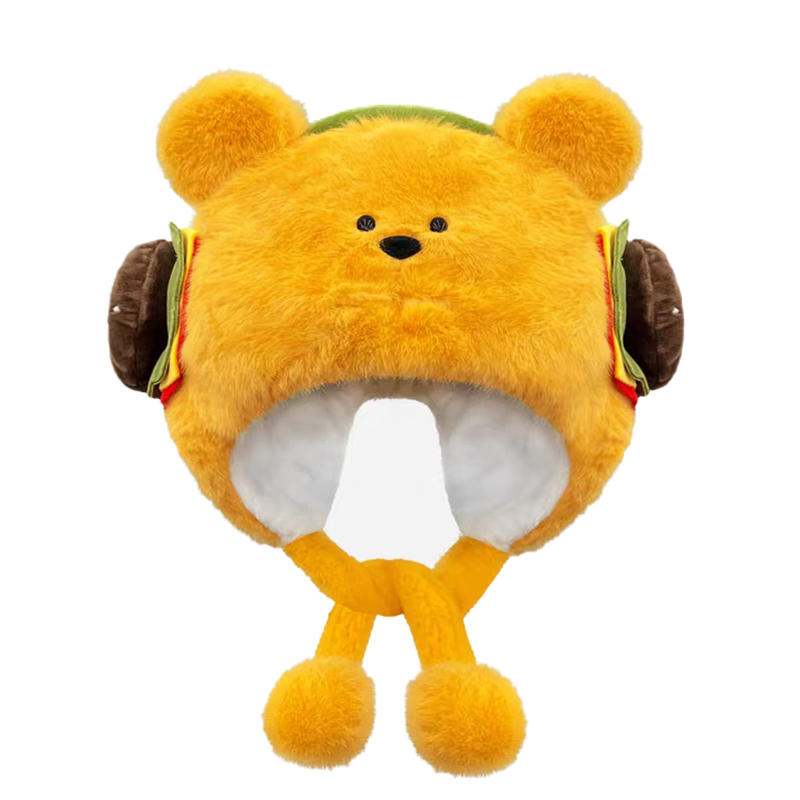 日系卡通可爱毛绒绒小熊汉堡护耳帽子女秋冬季加厚保暖百搭雷锋帽 - 图3