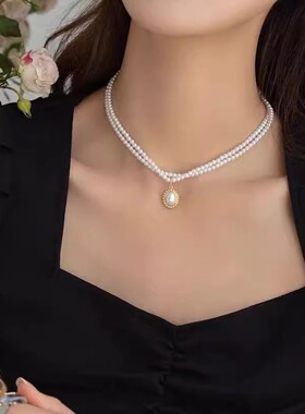 法式双层复古仿珍珠项链女冷淡风锁骨链女高级感轻奢小众义乌饰品