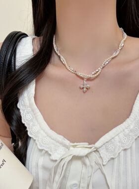 碎银珍珠十字架吊坠项链女百搭小众双层叠戴轻奢气质高级感锁骨链