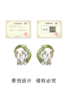 猫与兰花~原创设计彩绘微镶锆石镀银针小众清新甜美可爱耳饰 耳钉