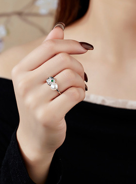 S925纯银珍珠戒指女小众设计高级菱格祖母绿开口指环DIY空托配件