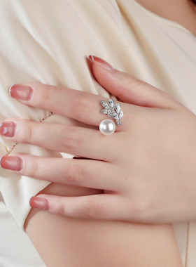 S925纯银澳白高亮贝珠戒指女小众设计轻奢雀翎开口指环DIY银戒托