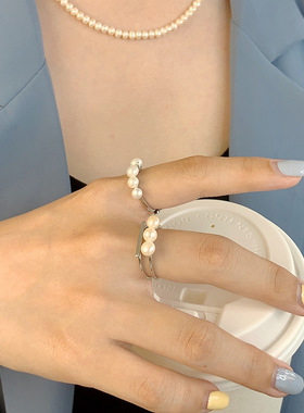 珍珠戒指女小众级感ins风S925纯银拉丝开口指环空托配件DIY银饰