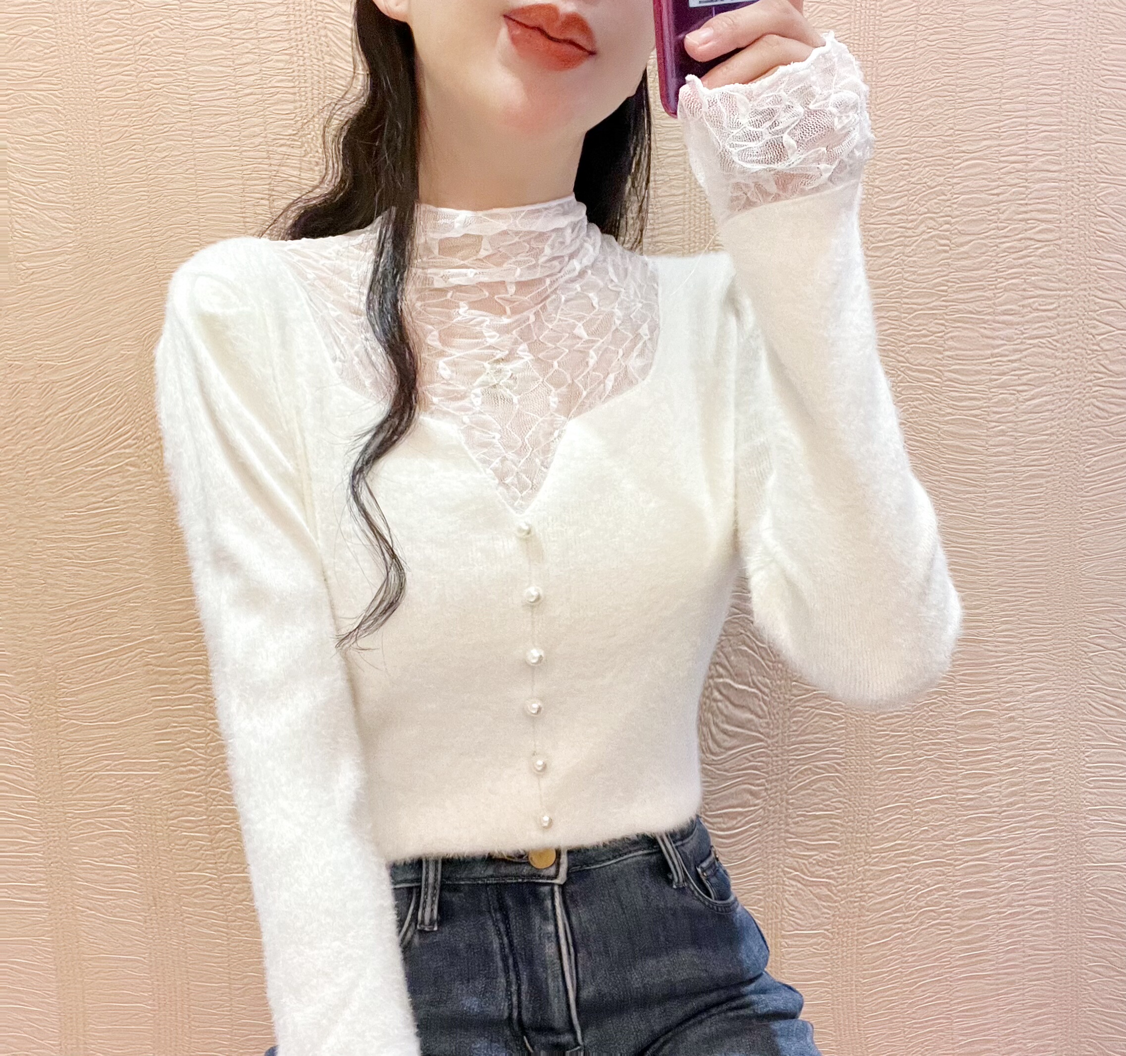 仿水貂绒毛衣女蕾丝拼接加厚保暖高领内搭新款针织打底衫修身上衣,淘宝优惠券,粉丝福利购,淘宝优惠卷