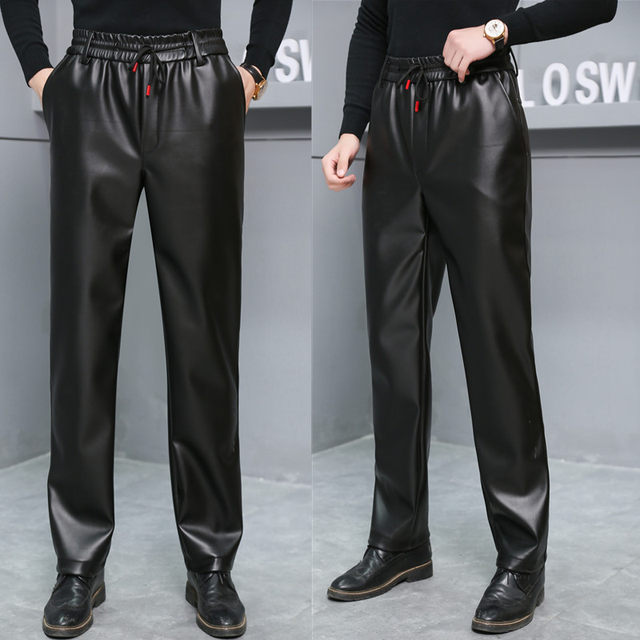 Wind -proof waterproof winter men's high -waisted leather pants motorcycle plus velvet middle -aged and elderly casual leather pants loose straight pants