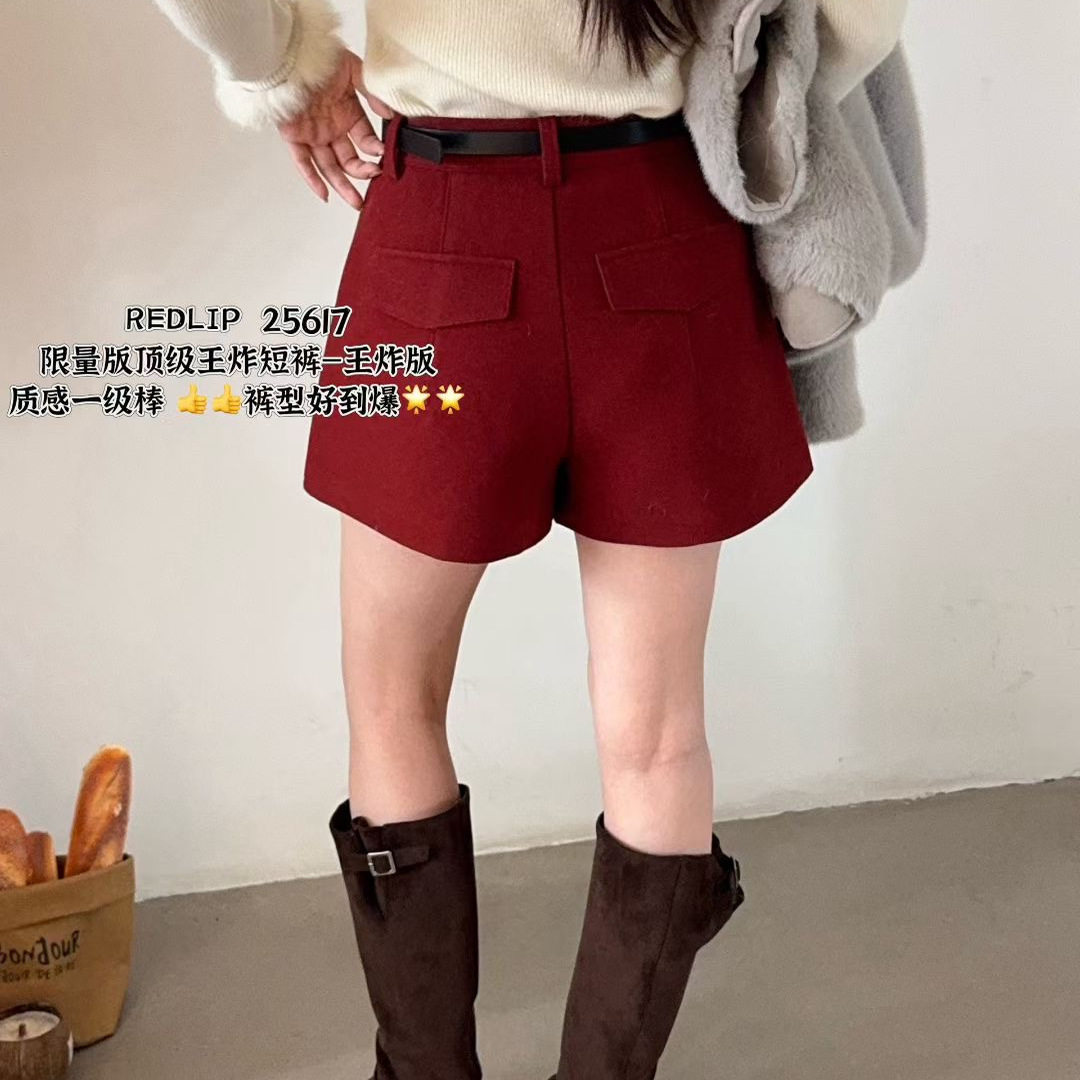 红唇25617圣诞红毛呢高腰短裤女A版遮胯厚实秋冬新年红裤子,淘宝优惠券,粉丝福利购,淘宝优惠卷
