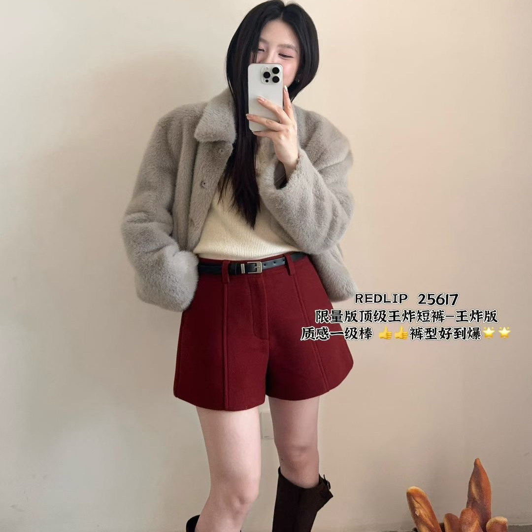 红唇25617圣诞红毛呢高腰短裤女A版遮胯厚实秋冬新年红裤子,淘宝优惠券,粉丝福利购,淘宝优惠卷