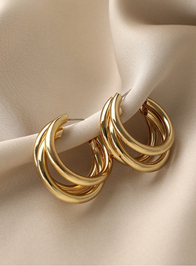 925银针欧美夸张几何金属耳环高级感简约耳钉网红冷淡风大耳圈