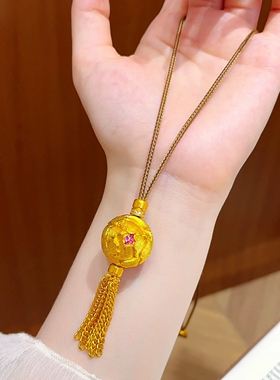 新中式金店同款古法錾刻点钻牡丹花球流苏吊坠项链复古花丝毛衣链