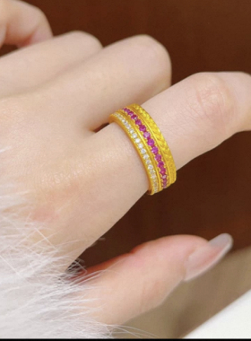 新中式国潮风带钻麦穗腰缠万贯戒指宽面双钻开口指环轻奢送女友