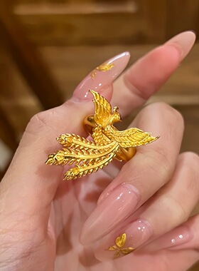 新中式新款婚嫁古法凤凰戒指女款开口可调节结婚婚礼凤凰戒子指环
