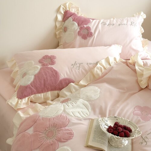 可爱少女心纯棉四件套小清新花卉刺绣花边被套全棉公主风床上用品 - 图1