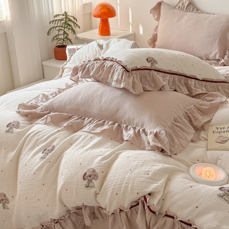 春夏卡通可爱狗狗纯棉皱皱纱四件套少女全棉双层纱被套公主风床品 - 图2