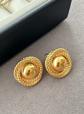 钛钢不掉色金色耳环中古圆形耳钉