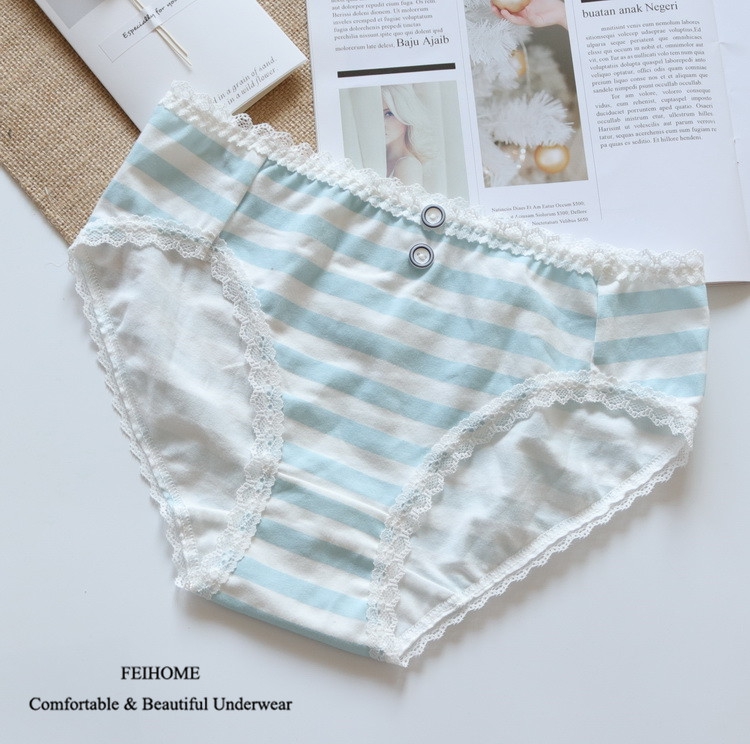 N405舒适女生学生内裤女式短裤中腰纯棉清新扣子条纹甜美可爱 - 图2