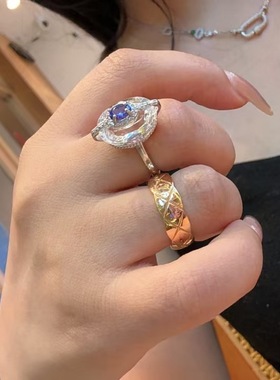 白水晶搭配坦桑石戒指纯天然无烤色支持任何检测