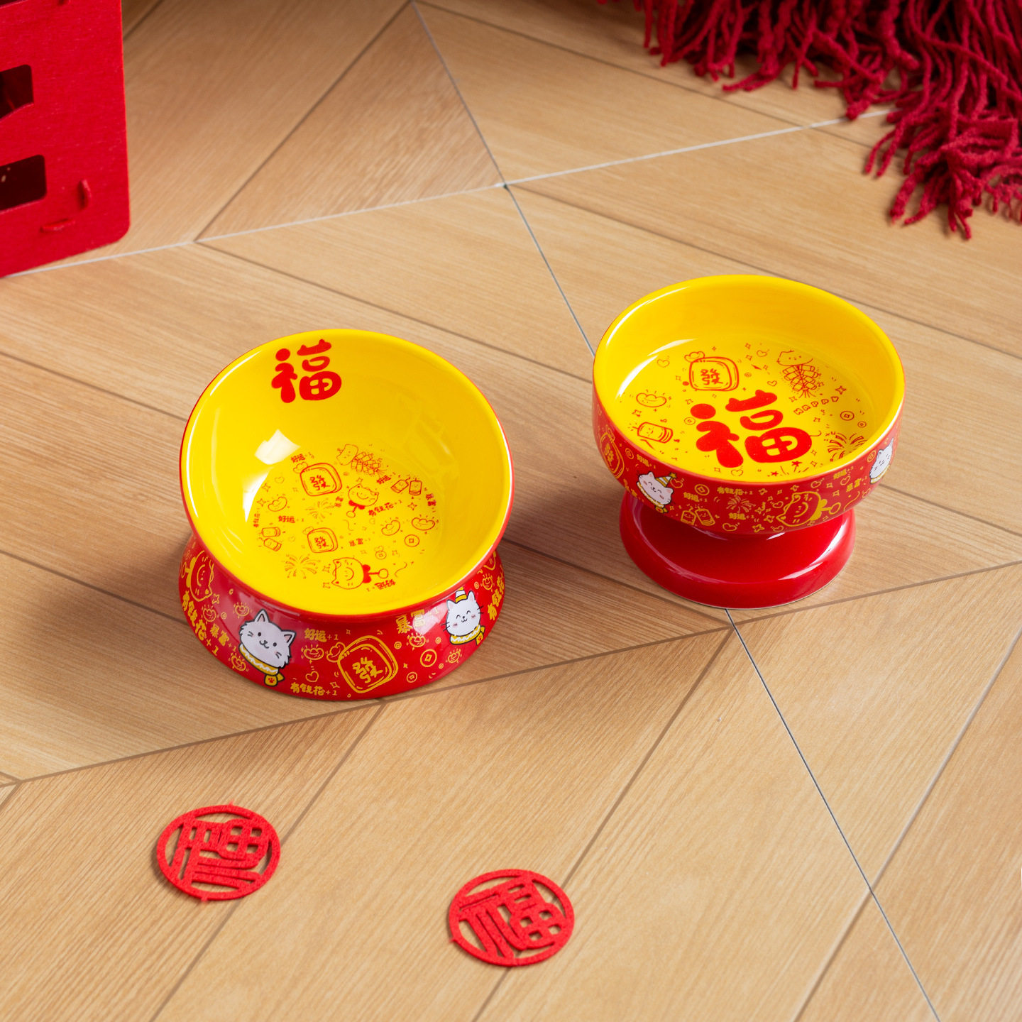 年新春款宠物碗喜庆陶瓷猫碗狗碗家用防打翻猫咪食盆护颈饮水盆,淘宝优惠券,粉丝福利购,淘宝优惠卷