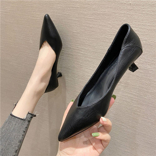 正装面试低跟软皮工作鞋女黑色空姐学生职业职场OL高跟鞋皮鞋3CM - 图0