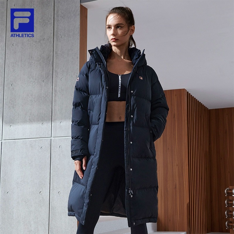 鹅绒FILA斐乐官方女子中长款羽绒服2025冬季新品运动连帽保暖外套