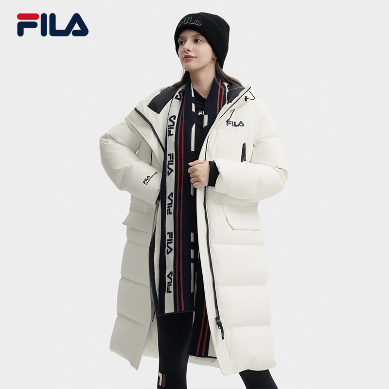 FILA斐乐长款羽绒服女冬季新款防泼水防油污防风连帽保暖外套