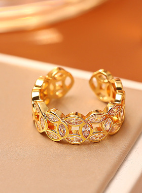新国潮钱多多锆石铜钱戒指高级感时尚精致喜庆开口戒新中式活口戒